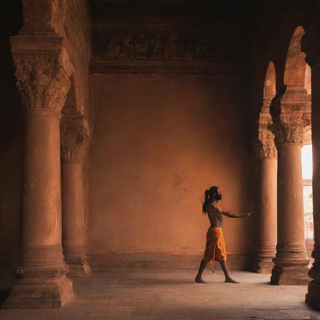 The commanding shadow of King Lord Sri Ram, bow and arrow in hand, stretching across the expansive interior of a magnificent temple in Ayodhya, under the ethereal glow of the evening light.