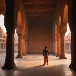 The commanding shadow of King Lord Sri Ram, bow and arrow in hand, stretching across the expansive interior of a magnificent temple in Ayodhya, under the ethereal glow of the evening light.