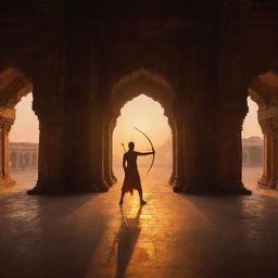 The commanding shadow of King Lord Sri Ram, bow and arrow in hand, stretching across the expansive interior of a magnificent temple in Ayodhya, under the ethereal glow of the evening light.