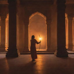 The commanding shadow of King Lord Sri Ram, bow and arrow in hand, stretching across the expansive interior of a magnificent temple in Ayodhya, under the ethereal glow of the evening light.