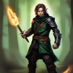 In this high-quality digital art image, reminiscent of Julie Bell's style, a slim, extremely handsome male Halfling is portrayed