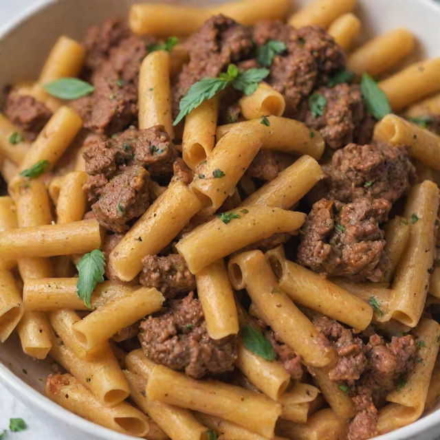 A close-up view of a bowl filled with perfectly cooked pasta, non-vegetarian, adorned with chunks of savory beef, with a hint of herbs sprinkled on top.