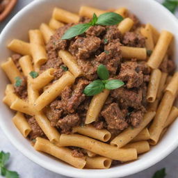 A close-up view of a bowl filled with perfectly cooked pasta, non-vegetarian, adorned with chunks of savory beef, with a hint of herbs sprinkled on top.