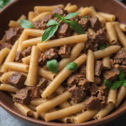 A close-up view of a bowl filled with perfectly cooked pasta, non-vegetarian, adorned with chunks of savory beef, with a hint of herbs sprinkled on top.