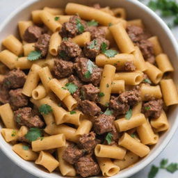 A close-up view of a bowl filled with perfectly cooked pasta, non-vegetarian, adorned with chunks of savory beef, with a hint of herbs sprinkled on top.