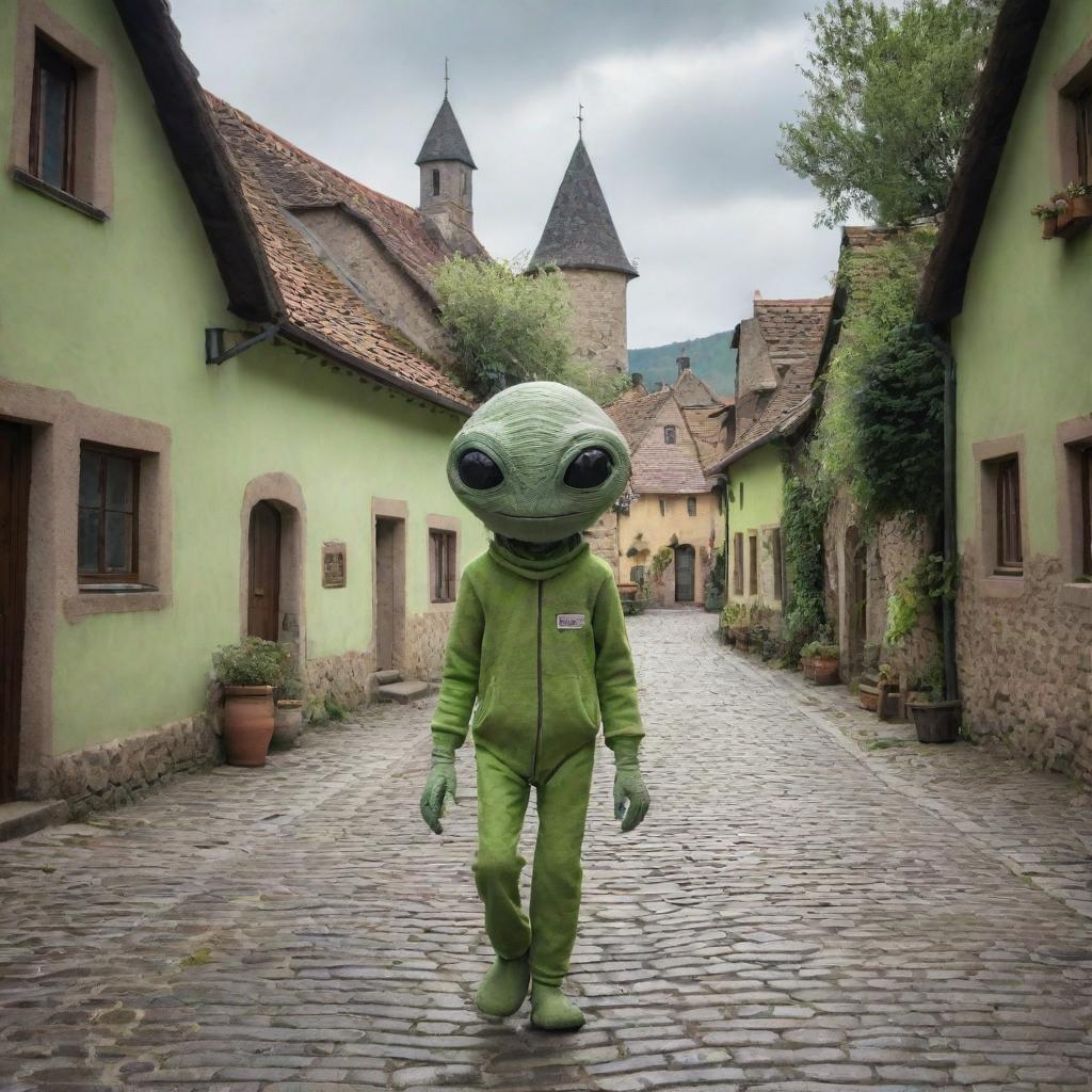 Extraterrestrial being strolling casually through a rustic village, with quaint houses and green trees lining the cobblestone streets.