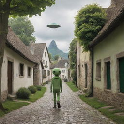 Extraterrestrial being strolling casually through a rustic village, with quaint houses and green trees lining the cobblestone streets.