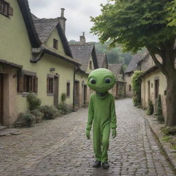 Extraterrestrial being strolling casually through a rustic village, with quaint houses and green trees lining the cobblestone streets.