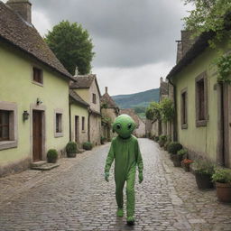 Extraterrestrial being strolling casually through a rustic village, with quaint houses and green trees lining the cobblestone streets.