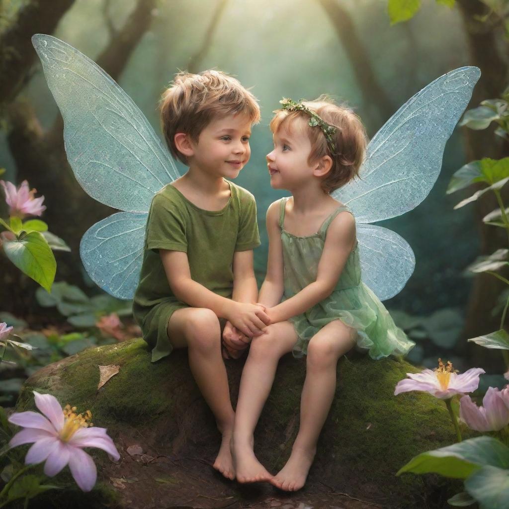 A petite pixie fairy and a jovial prince, in a lush peaceful kingdom, exuding an aura of love and inspiring friendship to all around them, creating an image of a delightful fairy tale ending.