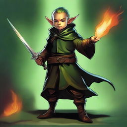 A high-quality digital art image showcases a slim, very handsome male Halfling wizard, his tall, pointed ears a distinct feature