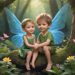 A petite pixie fairy and a jovial prince, in a lush peaceful kingdom, exuding an aura of love and inspiring friendship to all around them, creating an image of a delightful fairy tale ending.