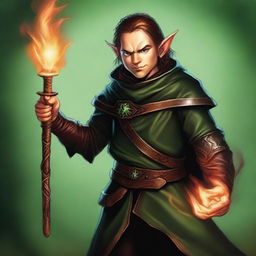 A high-quality digital art image showcases a slim, very handsome male Halfling wizard, his tall, pointed ears a distinct feature