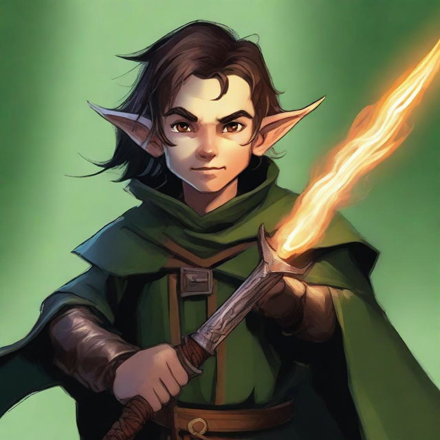 A high-quality digital art image showcases a slim, very handsome male Halfling wizard, his tall, pointed ears a distinct feature