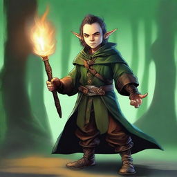 A high-quality digital art image showcases a slim, very handsome male Halfling wizard, his tall, pointed ears a distinct feature