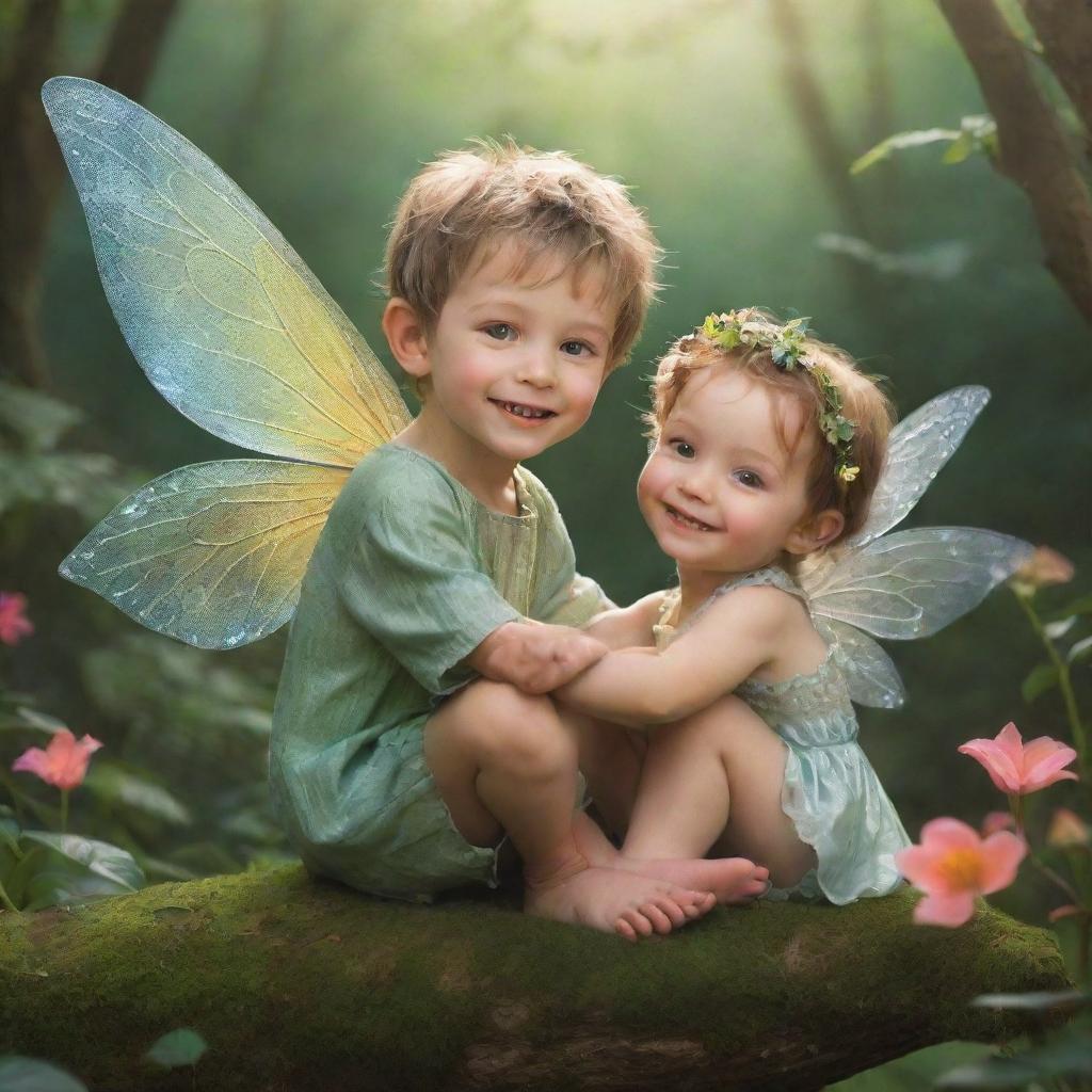 A petite pixie fairy and a jovial prince, in a lush peaceful kingdom, exuding an aura of love and inspiring friendship to all around them, creating an image of a delightful fairy tale ending.