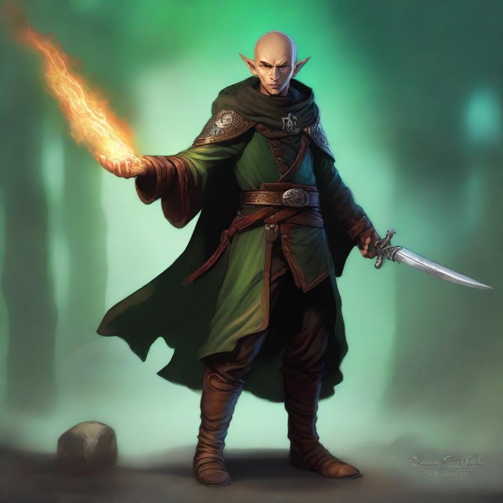 A visually striking digital art image portrays a skinny and slim, very handsome male Halfling wizard