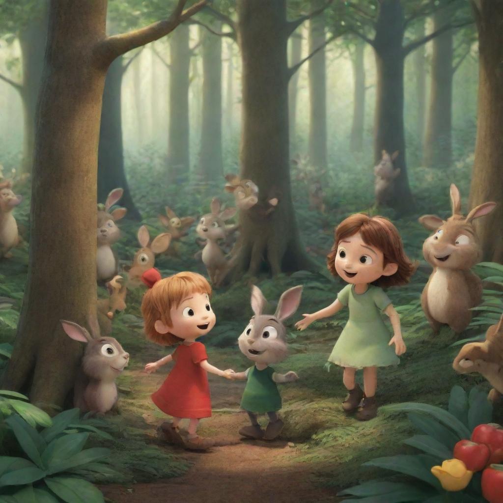 A bustling forest animated by the melodious songs of Lily and the hearty laughter of Alexander, with scenes representing them continually assisting anyone in the forest needing help.