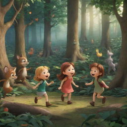 A bustling forest animated by the melodious songs of Lily and the hearty laughter of Alexander, with scenes representing them continually assisting anyone in the forest needing help.