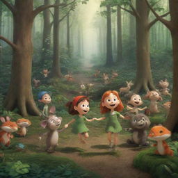 A bustling forest animated by the melodious songs of Lily and the hearty laughter of Alexander, with scenes representing them continually assisting anyone in the forest needing help.