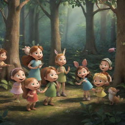 A bustling forest animated by the melodious songs of Lily and the hearty laughter of Alexander, with scenes representing them continually assisting anyone in the forest needing help.