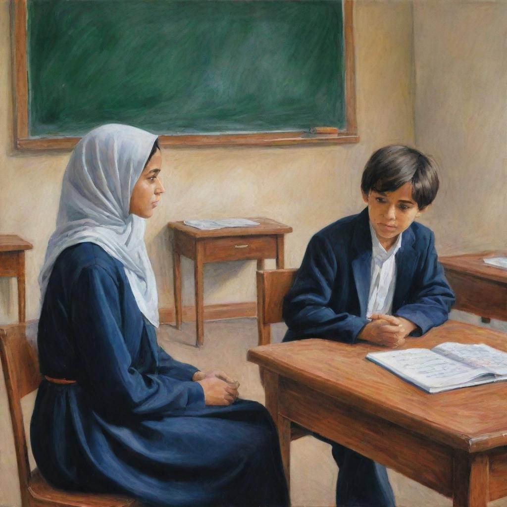 A captivating painting depicting a young boy in a classroom environment, attentively observing a Muslim girl sitting in front of him, capturing a moment of cultural exchange and human connection.