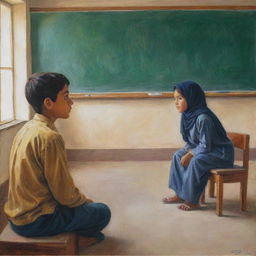 A captivating painting depicting a young boy in a classroom environment, attentively observing a Muslim girl sitting in front of him, capturing a moment of cultural exchange and human connection.