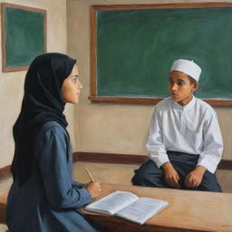 A captivating painting depicting a young boy in a classroom environment, attentively observing a Muslim girl sitting in front of him, capturing a moment of cultural exchange and human connection.