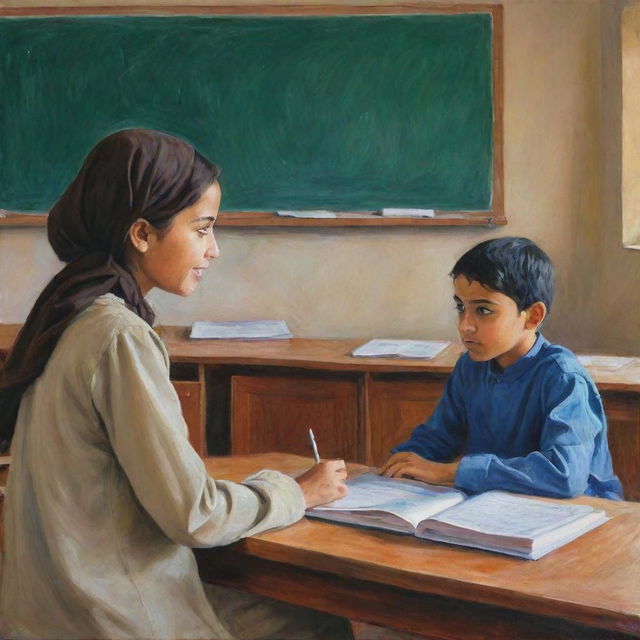 A captivating painting depicting a young boy in a classroom environment, attentively observing a Muslim girl sitting in front of him, capturing a moment of cultural exchange and human connection.