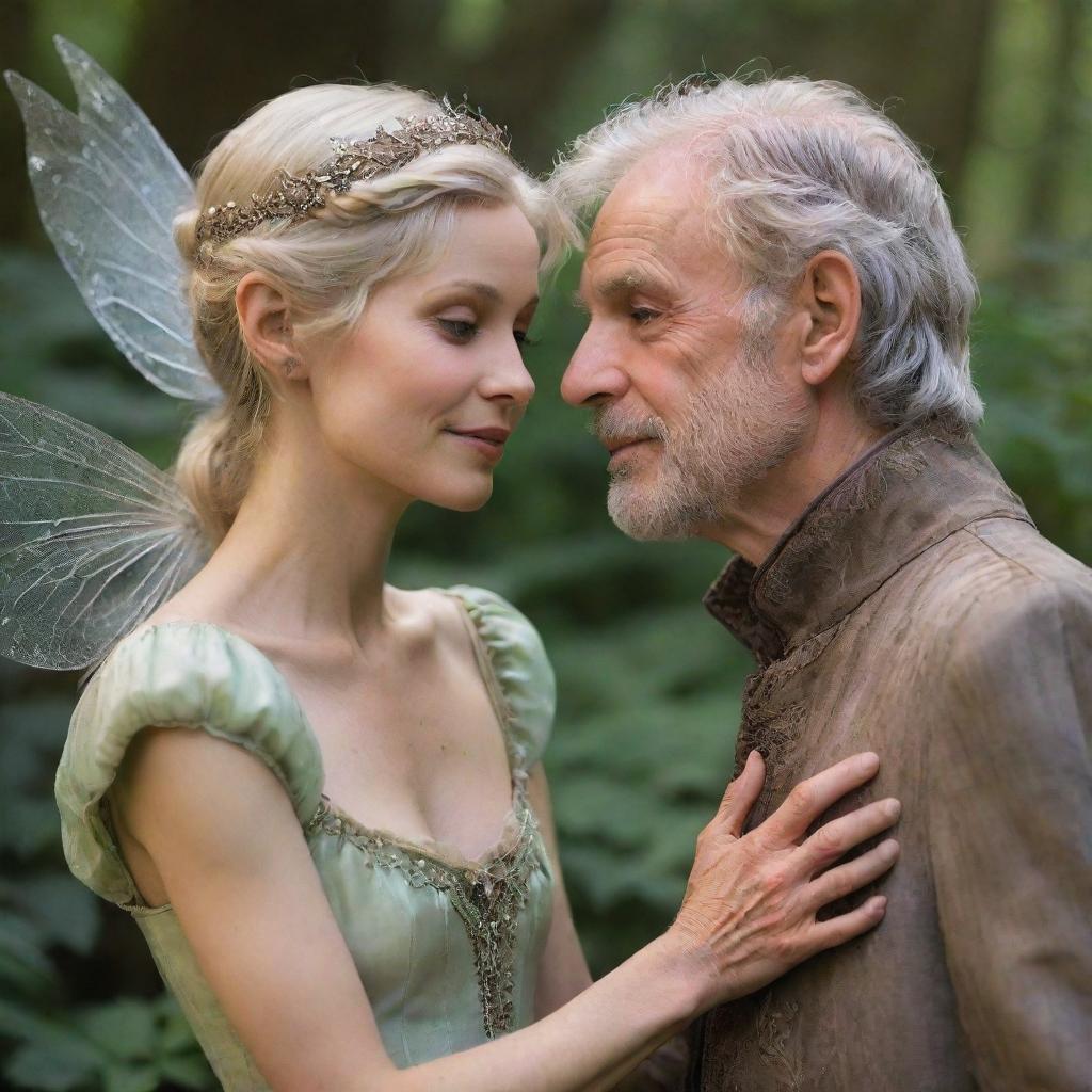 An aging prince and pixie fairy, visibly worn but fondly clinging together, their love and loyalty as evident as ever; exemplifying an emotion that outlives the frailty of age.