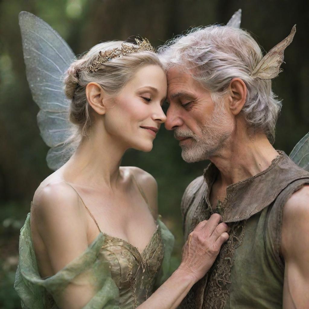 An aging prince and pixie fairy, visibly worn but fondly clinging together, their love and loyalty as evident as ever; exemplifying an emotion that outlives the frailty of age.