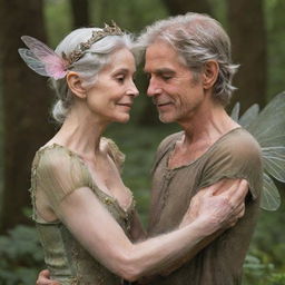 An aging prince and pixie fairy, visibly worn but fondly clinging together, their love and loyalty as evident as ever; exemplifying an emotion that outlives the frailty of age.