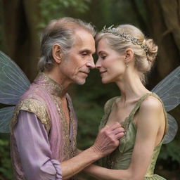 An aging prince and pixie fairy, visibly worn but fondly clinging together, their love and loyalty as evident as ever; exemplifying an emotion that outlives the frailty of age.