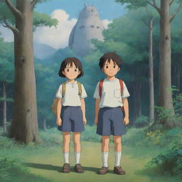 A pair of school-children in the style of Studio Ghibli, standing together in a peaceful, nature-filled setting typical of a Ghibli film