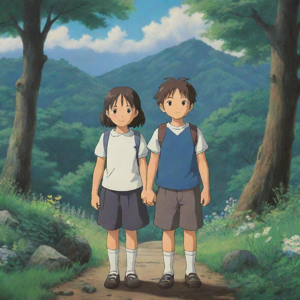 A pair of school-children in the style of Studio Ghibli, standing together in a peaceful, nature-filled setting typical of a Ghibli film