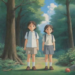 A pair of school-children in the style of Studio Ghibli, standing together in a peaceful, nature-filled setting typical of a Ghibli film