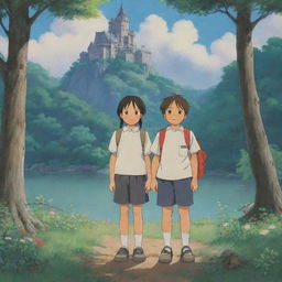 A pair of school-children in the style of Studio Ghibli, standing together in a peaceful, nature-filled setting typical of a Ghibli film