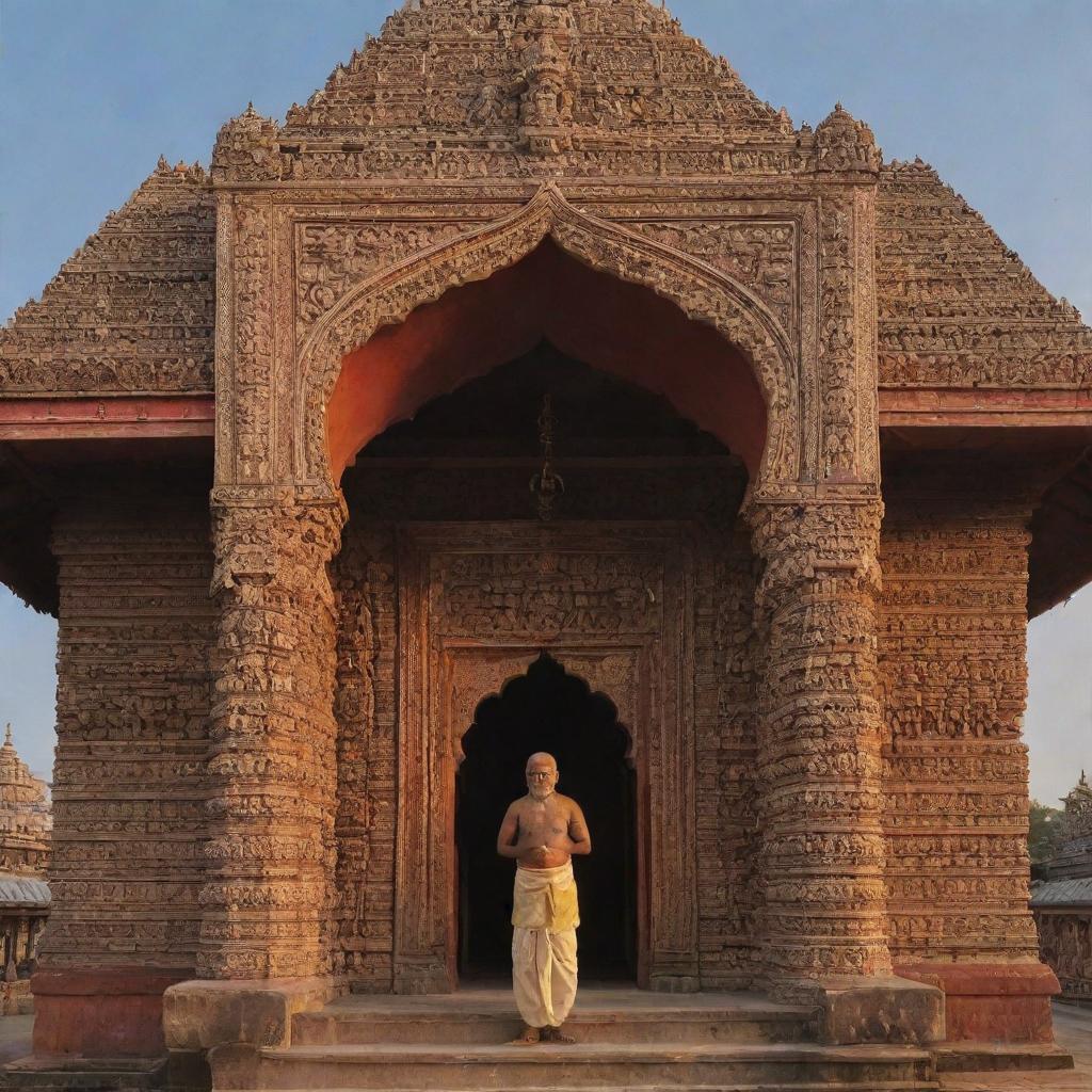 Ramji standing at the entrance of an ornate mandir, flanked by his devoted followers, under a sky alight with the glow of dawn