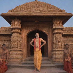 Ramji standing at the entrance of an ornate mandir, flanked by his devoted followers, under a sky alight with the glow of dawn