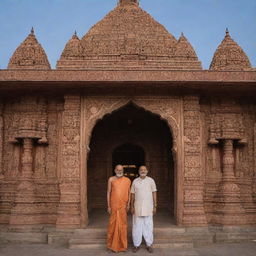 Ramji standing at the entrance of an ornate mandir, flanked by his devoted followers, under a sky alight with the glow of dawn