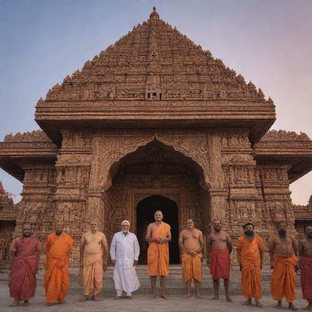 Ramji standing at the entrance of an ornate mandir, flanked by his devoted followers, under a sky alight with the glow of dawn