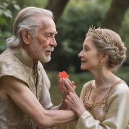 A heart-touching scene of an elderly prince and a fairy, their bodies showing signs of age but their shared adoration fills the scene, representing a love that grew stronger over time.