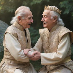 A heart-touching scene of an elderly prince and a fairy, their bodies showing signs of age but their shared adoration fills the scene, representing a love that grew stronger over time.