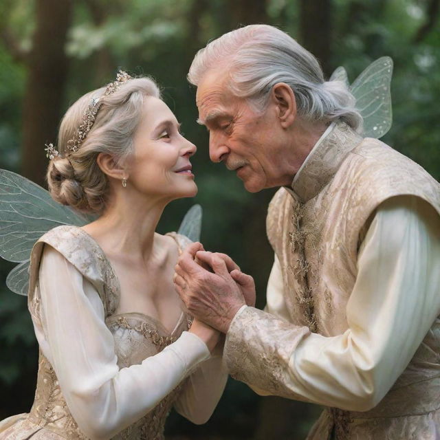 A heart-touching scene of an elderly prince and a fairy, their bodies showing signs of age but their shared adoration fills the scene, representing a love that grew stronger over time.