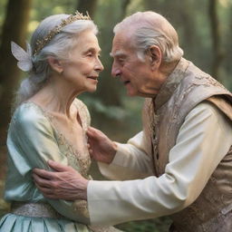 A heart-touching scene of an elderly prince and a fairy, their bodies showing signs of age but their shared adoration fills the scene, representing a love that grew stronger over time.