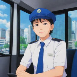 A vibrant anime style image of a bus driver wearing a uniform, in the seat of a city bus.