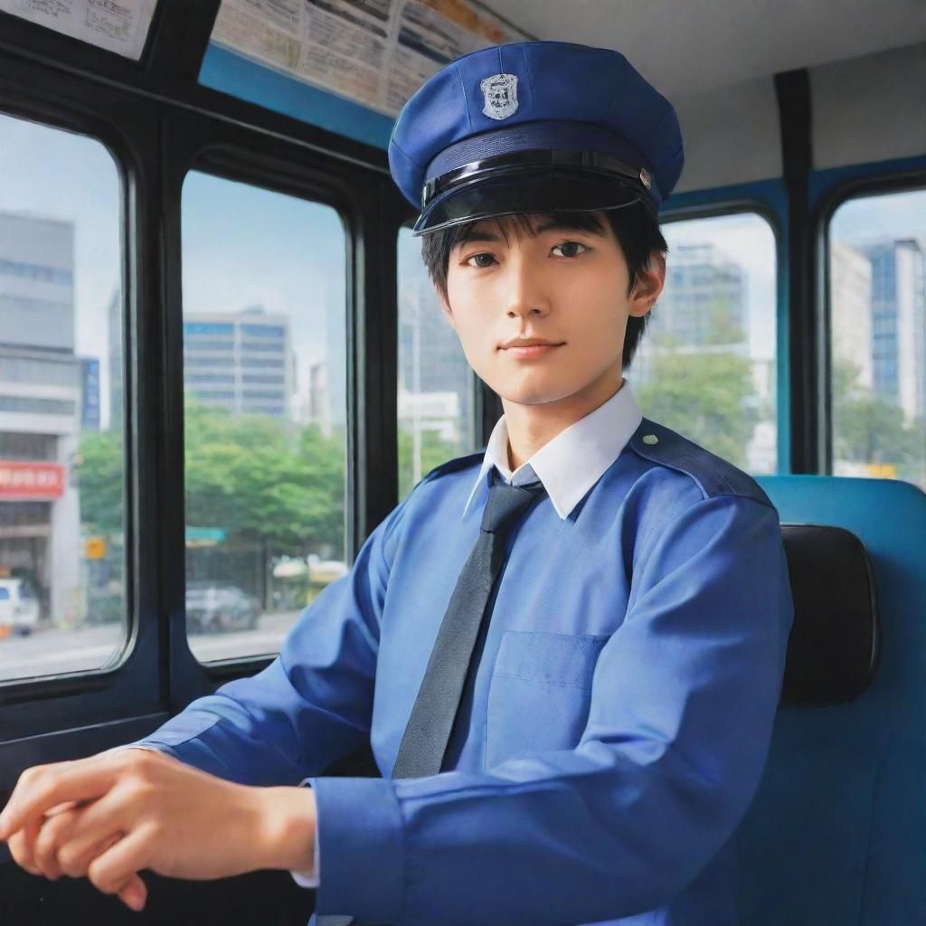 A vibrant anime style image of a bus driver wearing a uniform, in the seat of a city bus.