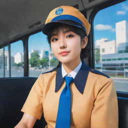 A vibrant anime style image of a bus driver wearing a uniform, in the seat of a city bus.