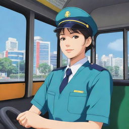 A vibrant anime style image of a bus driver wearing a uniform, in the seat of a city bus.