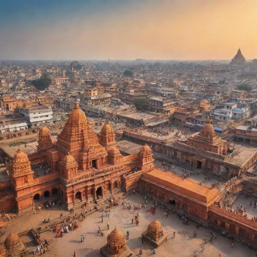 A vibrant panorama illustrating the historical city of Ayodhya, replete with ancient temples, a thriving market, and bustling streets.